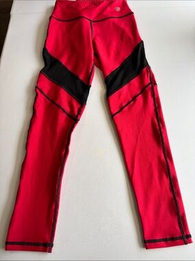 Women’s Red Athletic Leggings with Black Panel Accents